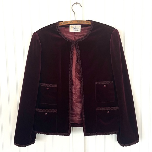Vintage Velvet Jacket Maroon Burgundy Embellished Victorian 70s Pockets Fancy - Picture 2 of 15